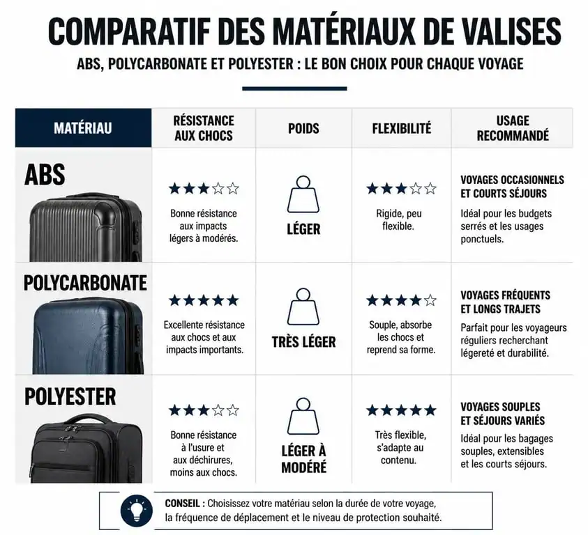 Comparatif des matériaux de valise moyenne : ABS, Polycarbonate et Polyester