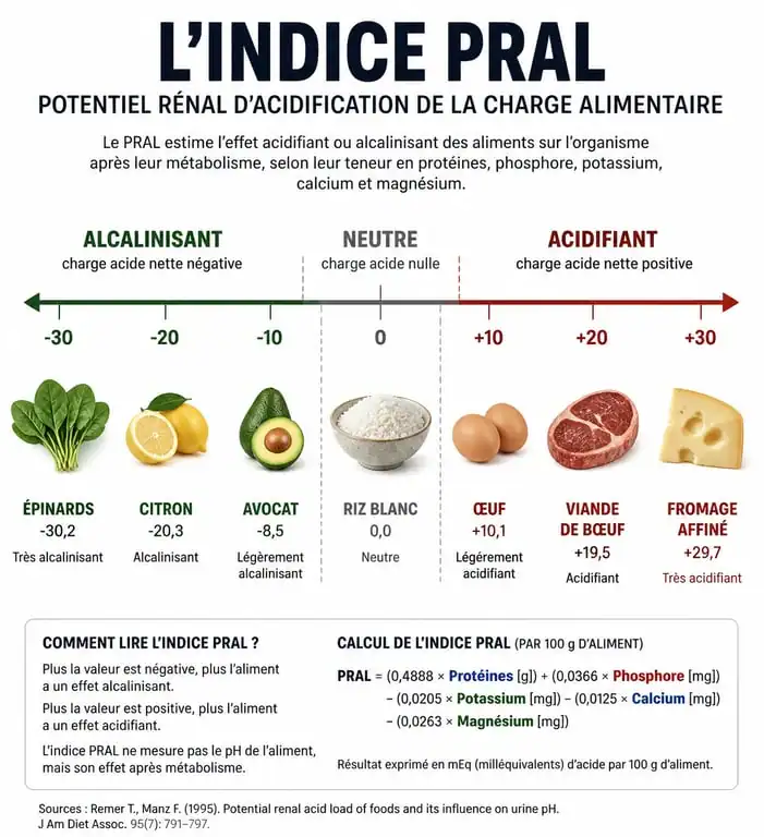 Infographie sur l'indice PRAL et l'équilibre acido-basique des aliments pour la santé