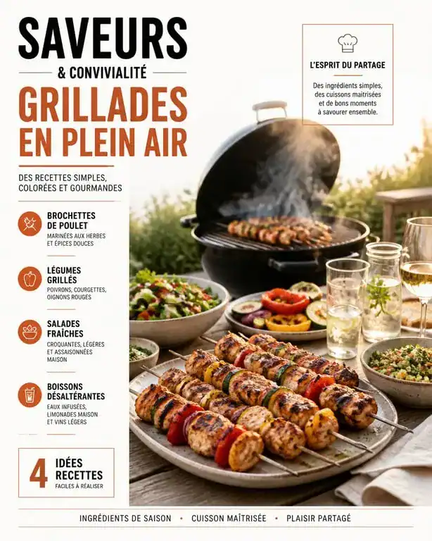 Barbecue entre amis avec grillades et légumes frais sur une table de jardin conviviale.