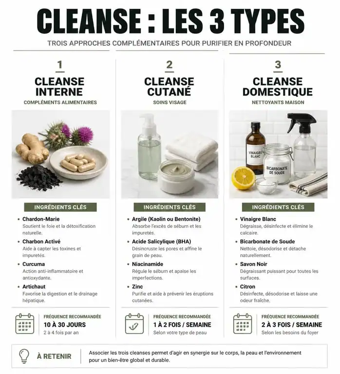 Infographie comparative des méthodes de cleanse : interne, cutané et domestique pour une purification globale.