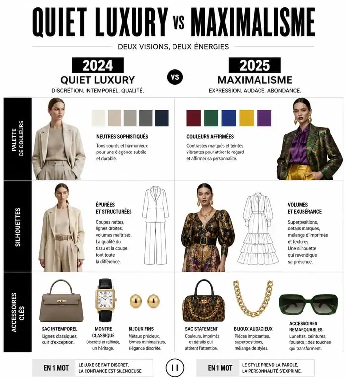 Infographie comparative des tendances mode 2024 et 2025 : couleurs, silhouettes et accessoires incontournables.