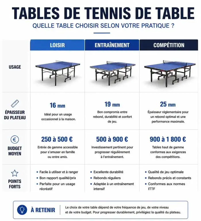 Infographie comparative des tables de tennis de table : budget, épaisseur et usage