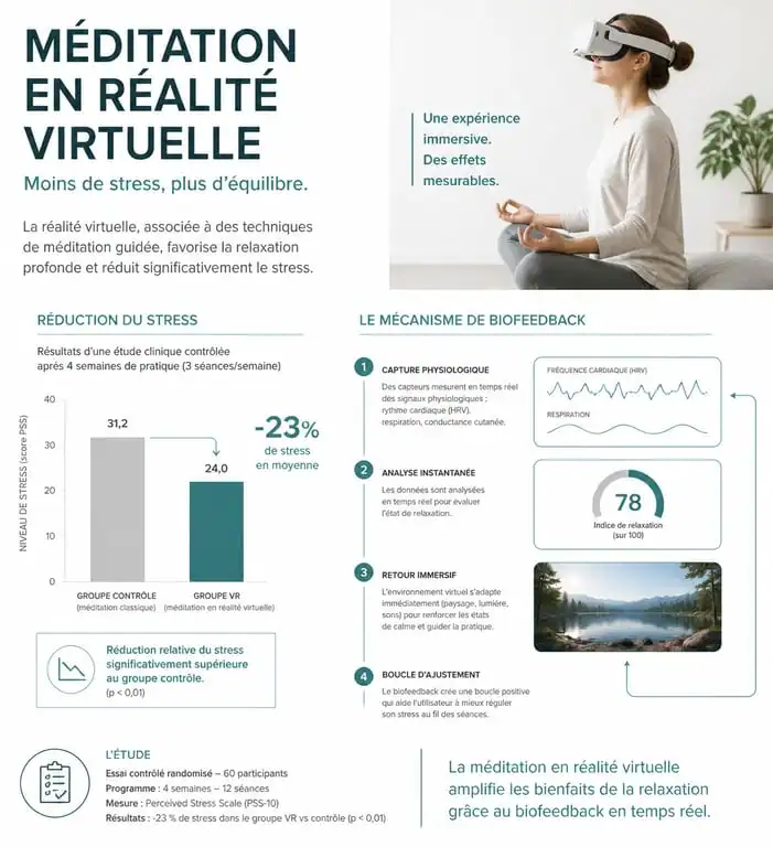 Infographie sur les bienfaits et le fonctionnement de la méditation VR