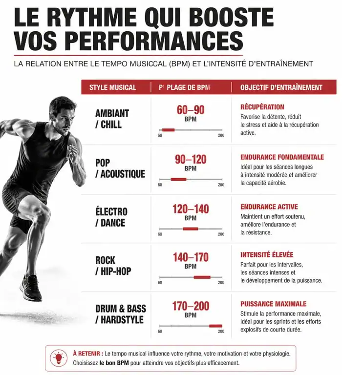 Infographie des styles de musique et BPM pour la musculation