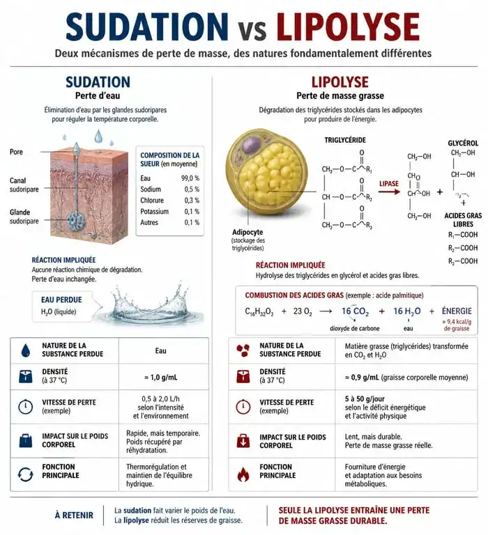 Infographie expliquant la différence entre la perte d'eau et la perte de graisse pour maigrir