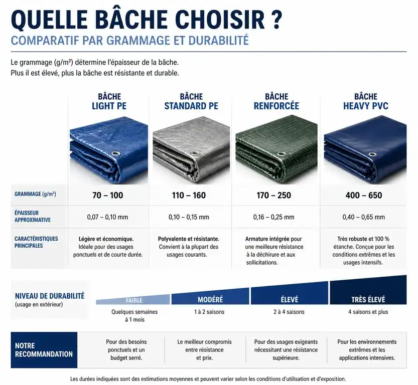 Infographie comparative des différents types de bâche à œillet : grammage et durabilité