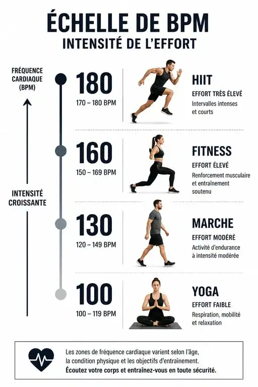 Infographie des plages de BPM recommandées pour le fitness en musique