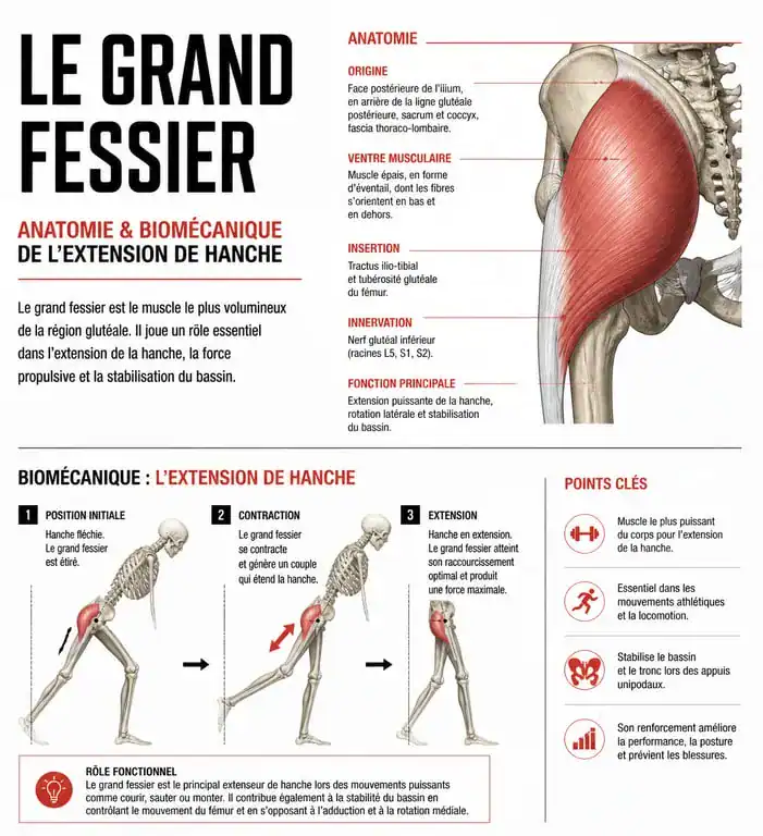 Schéma anatomique du grand fessier et biomécanique de l'extension de hanche pour muscler le grand fessier