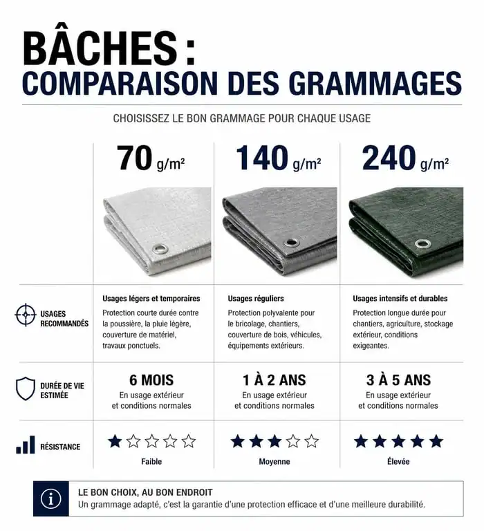 Infographie comparative des grammages et usages des bâches bleues de protection