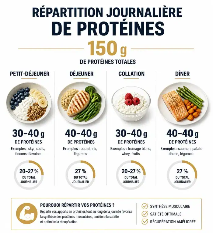 Infographie illustrant comment manger 150 g de protéines par jour avec une répartition équilibrée sur les repas
