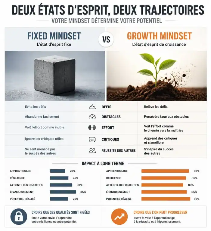 Infographie comparative entre le mindset fixe et le mindset de croissance pour illustrer les différents états d'esprit.