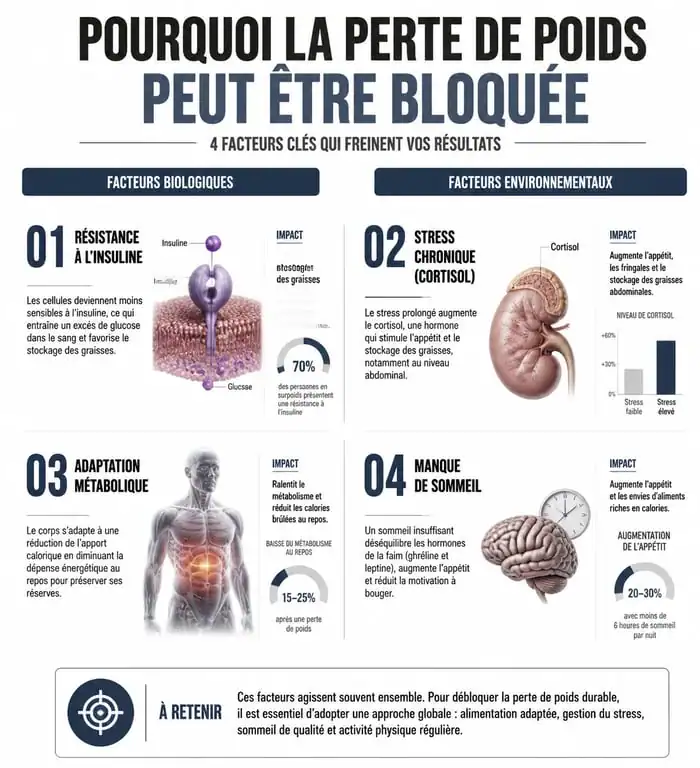 Infographie sur les causes physiologiques et hormonales de la stagnation de la perte de poids