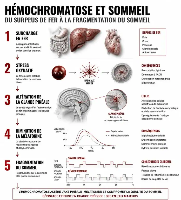 Schéma explicatif du lien entre l'hémochromatose et les troubles du sommeil : impact du fer sur la mélatonine et le stress oxydatif.
