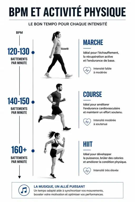 Infographie sur le tempo de la musique qui motive selon l'activité physique