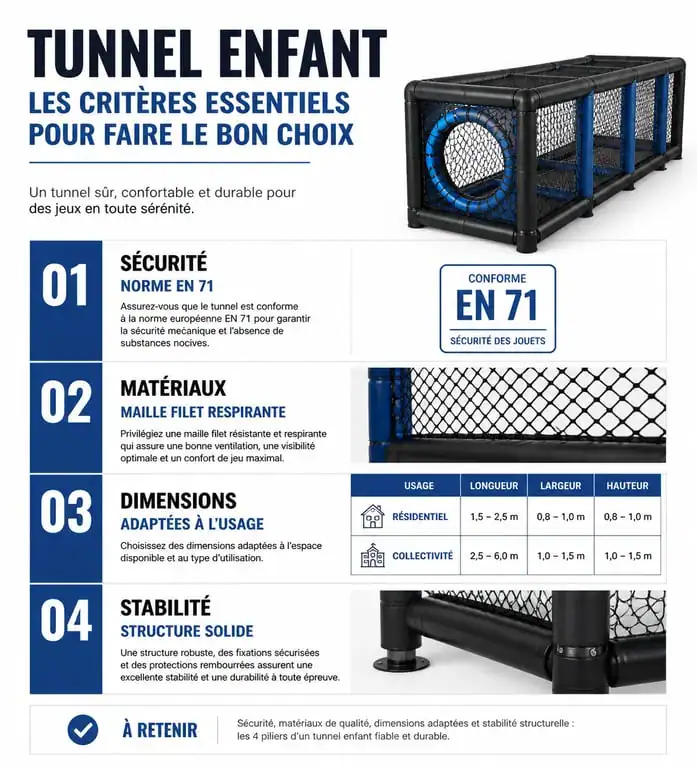 Infographie des critères de choix pour un tunnel enfant sécurisé et adapté à la motricité