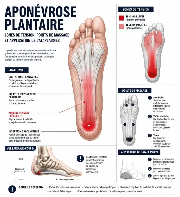 Infographie illustrant les zones de tension de la tendinite plantaire et les points d'application des remèdes naturels