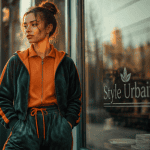 Survetement tendance femme vert orange devant café urbain