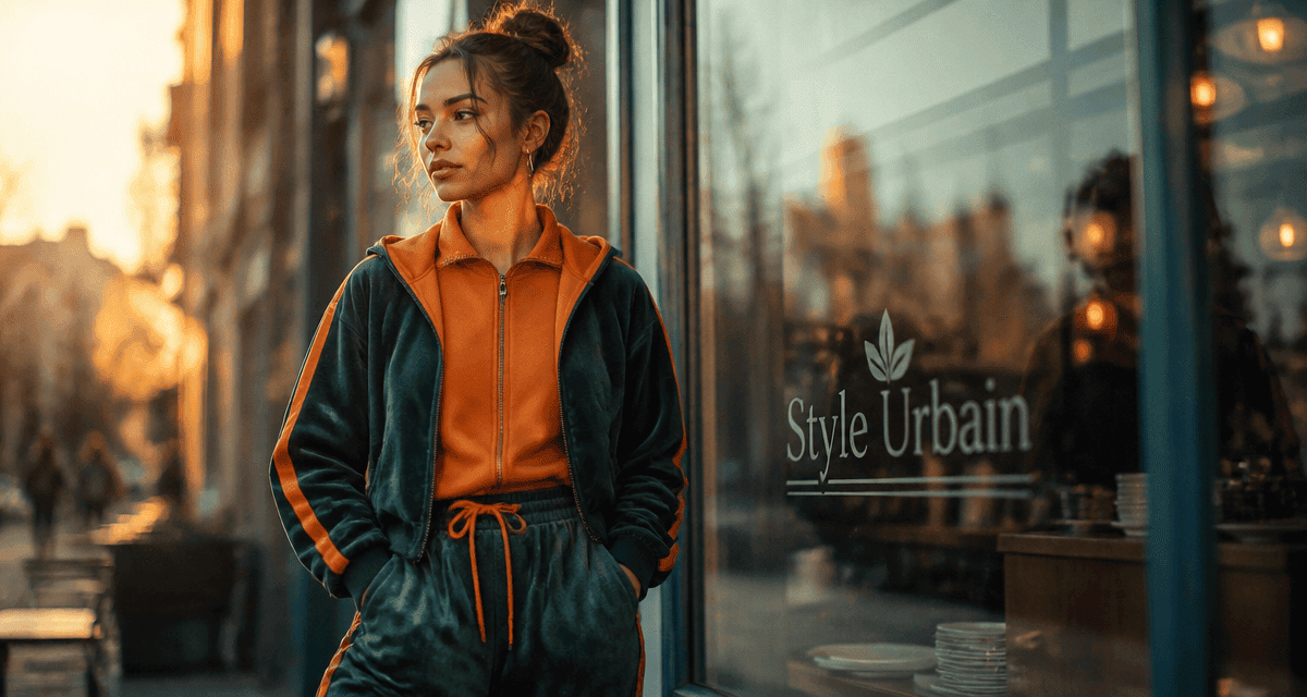Survetement tendance femme vert orange devant café urbain