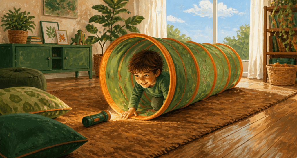 enfant dans tunnel enfant vert orange sur tapis