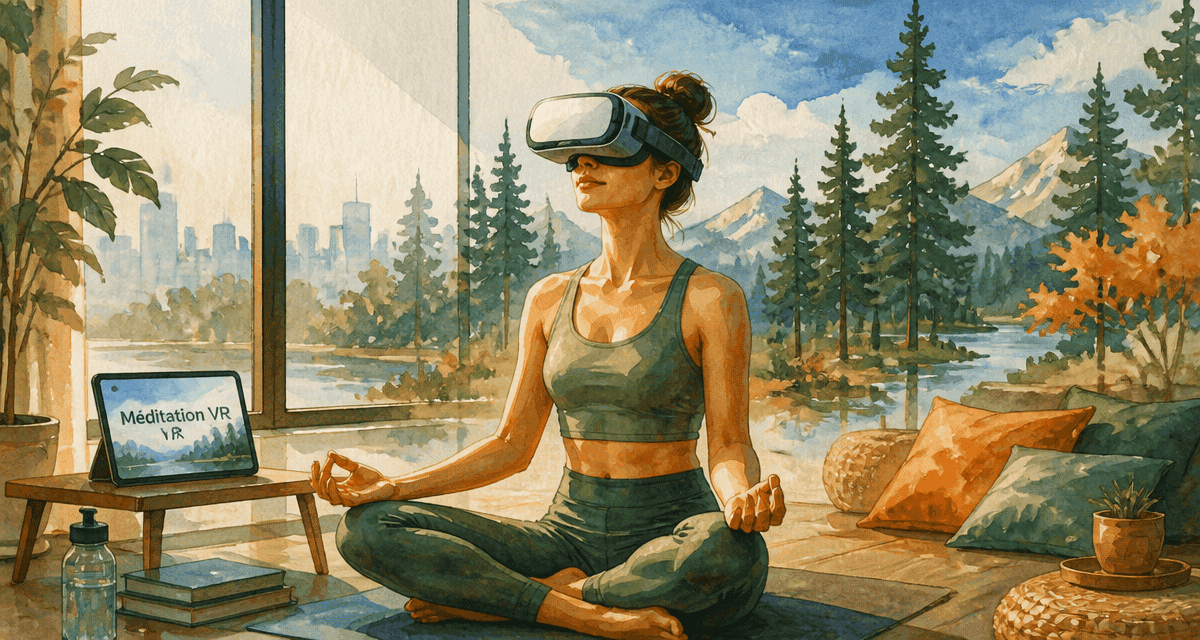 vr meditation dans un salon moderne avec paysage nature gouache