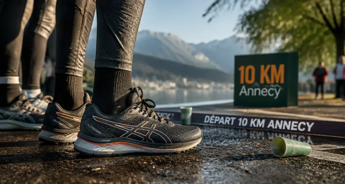 10 km annecy 2025 : baskets au départ au bord du lac