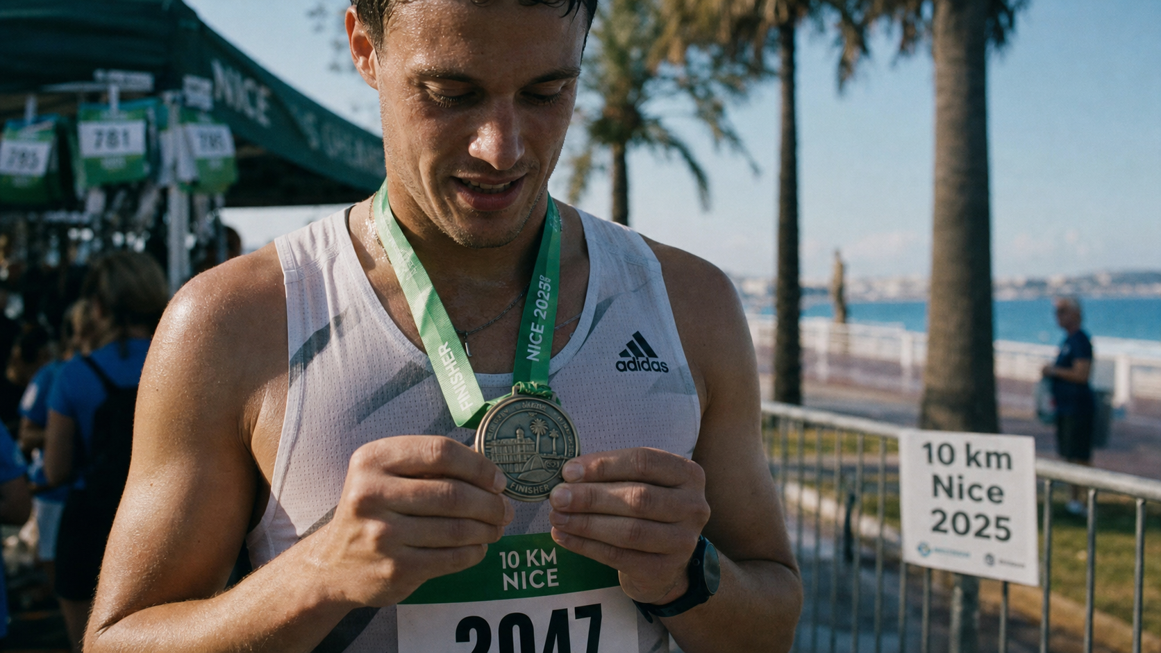 10 km de nice 2025 : coureur avec médaille finisher à Nice