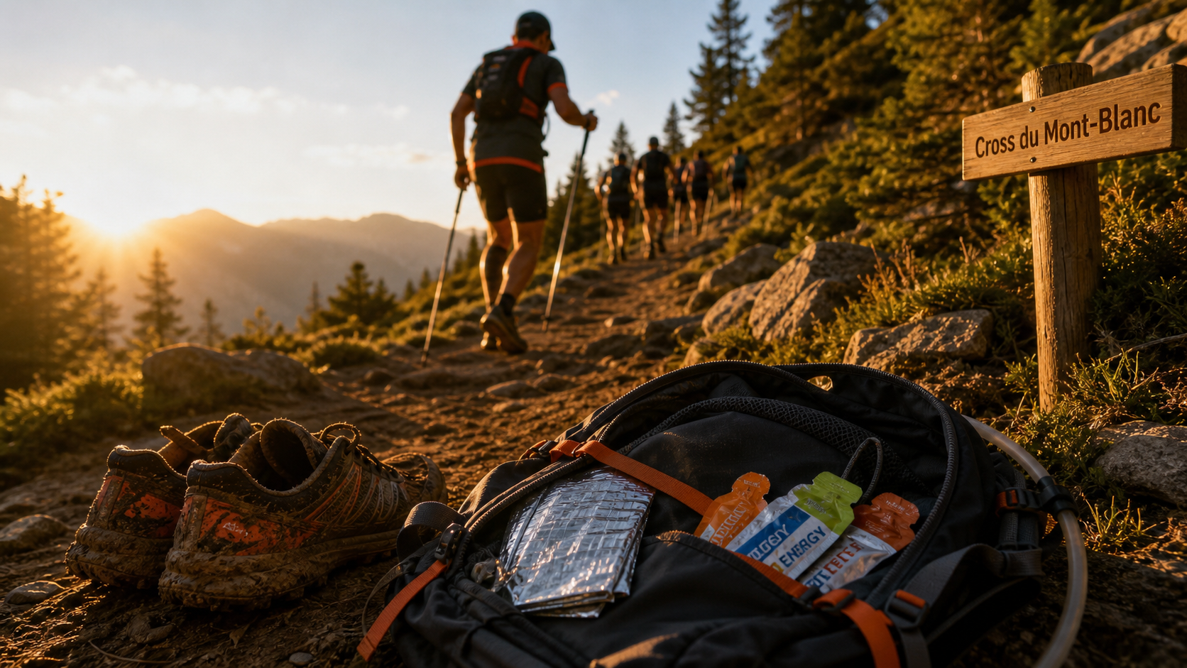 23km du mont blanc : trail 1680m de dénivelé, coureurs et sentier aux cimes