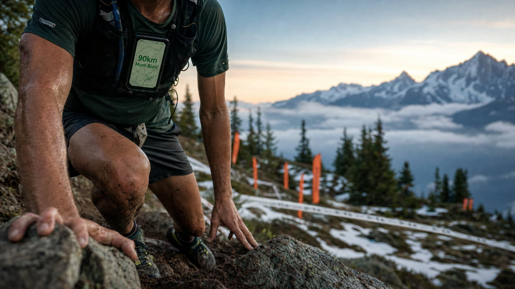90km du mont-blanc resultat : coureur au petit matin, trail en montagne