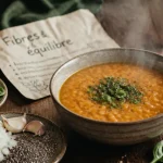 Aliments contenant des fibres : dahl, chia et épinards en bol