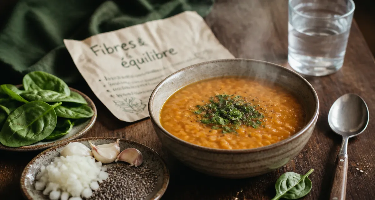 Aliments contenant des fibres : dahl, chia et épinards en bol