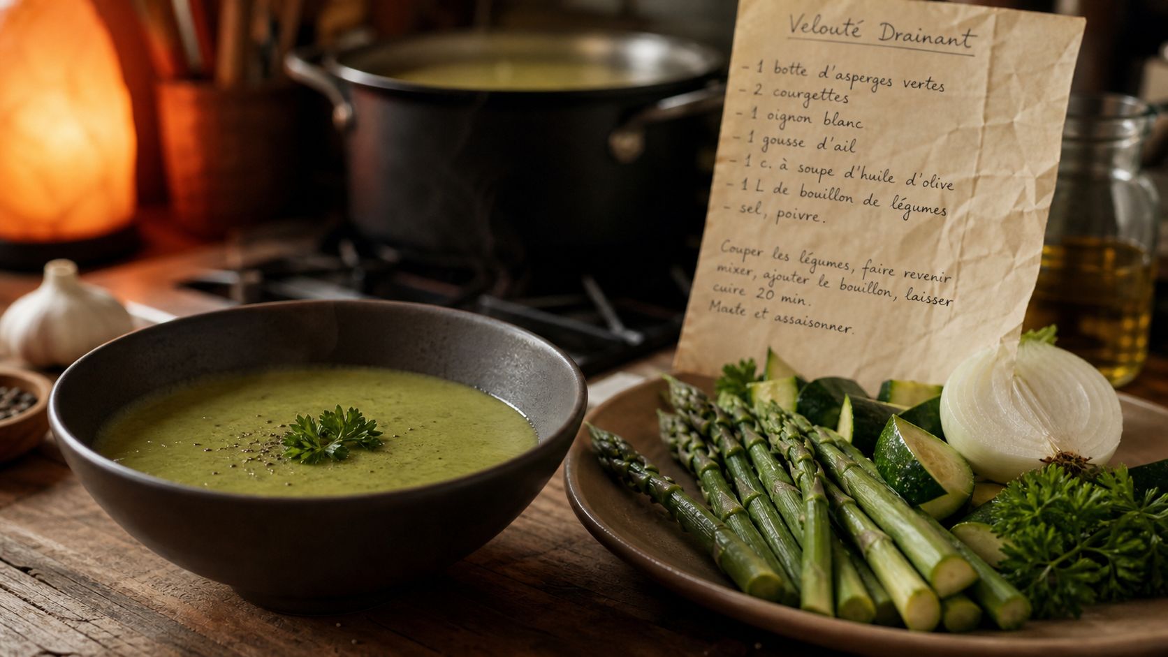 Aliments diurétiques : velouté vert drainant, asperges et persil