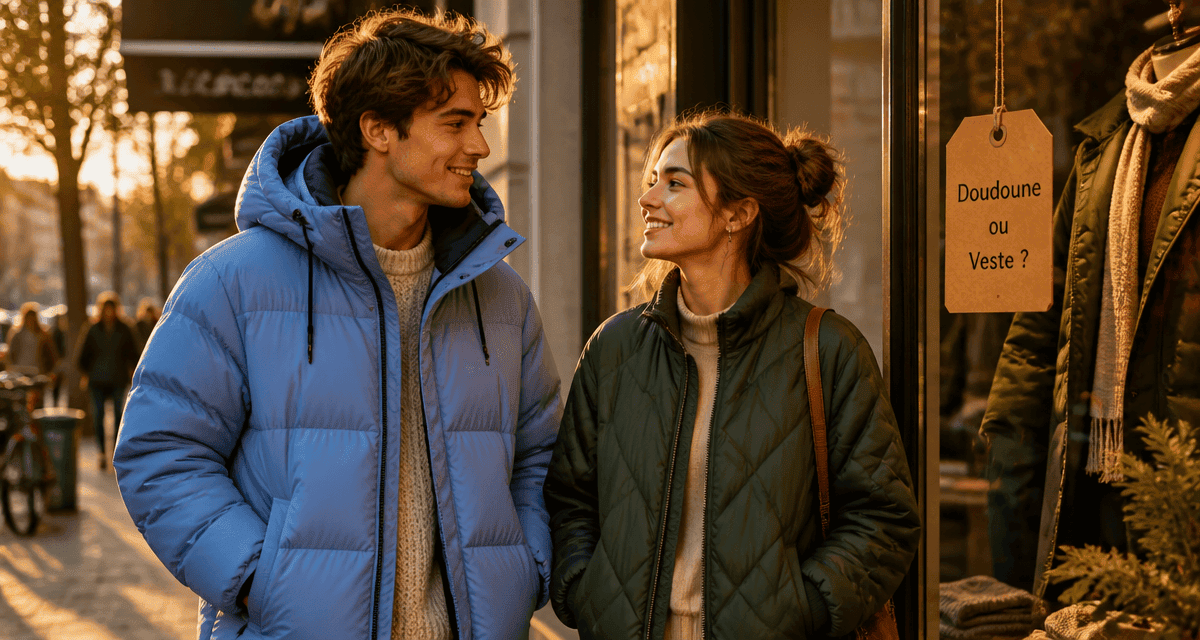 doudoune veste homme femme devant boutique