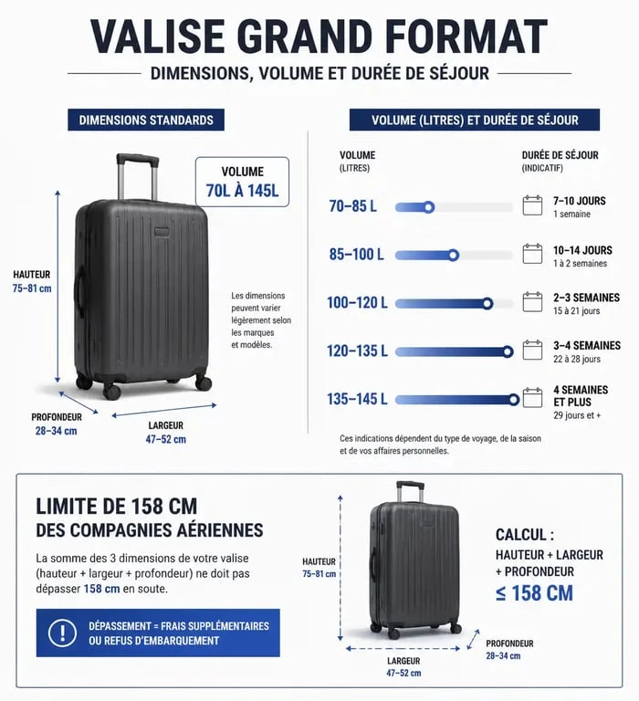 Infographie des dimensions et capacités recommandées pour une valise grand format selon la durée du voyage.