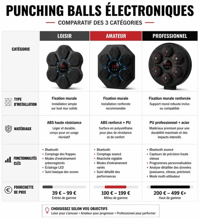 Infographie comparative des modèles de punching ball électronique : loisir, amateur et professionnel.