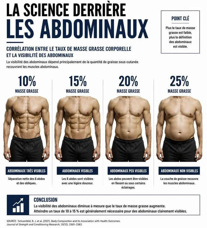 Infographie montrant la relation entre le taux de masse grasse et la visibilité des abdos pour avoir des abdos rapidement