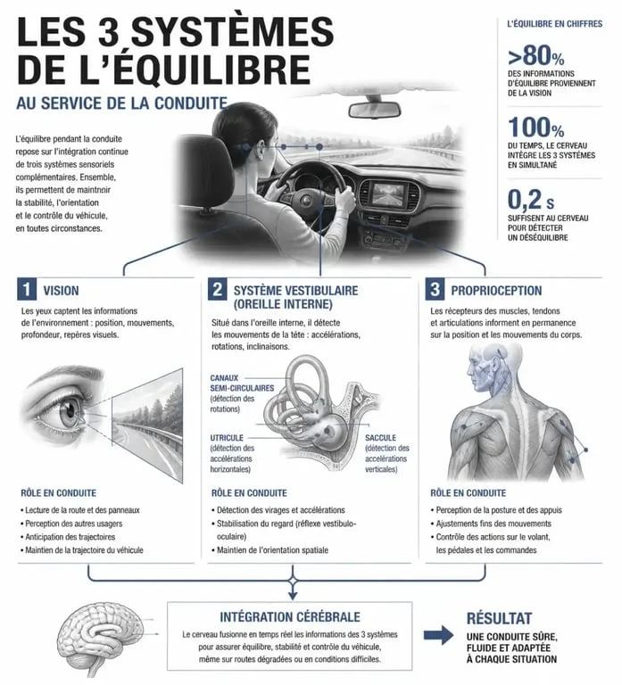 Schéma explicatif des trois systèmes de l'équilibre humain impliqués dans le syndrome de l'autoroute