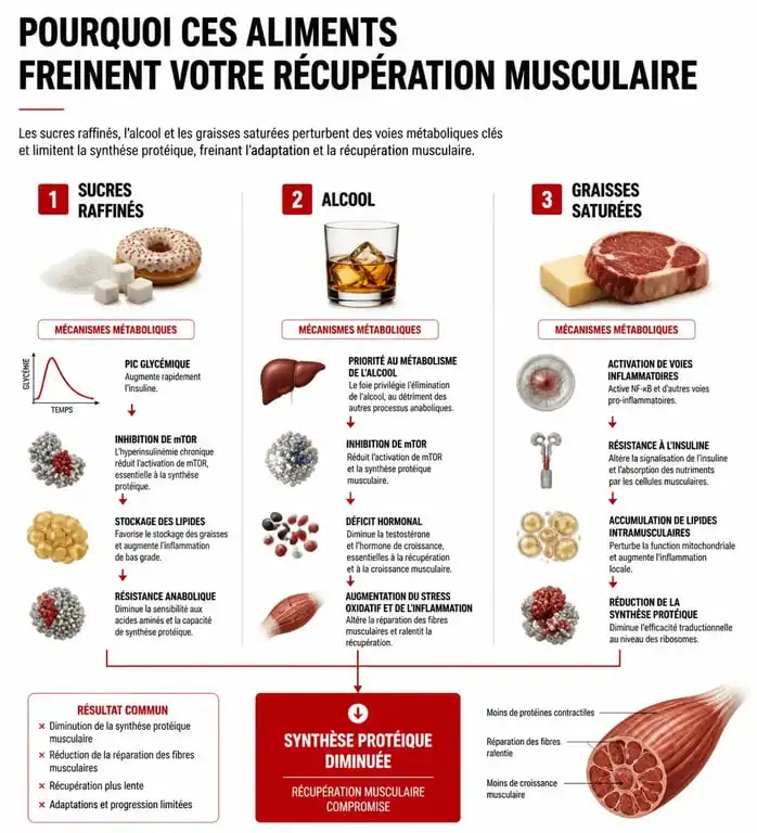 Infographie expliquant les effets des aliments mauvais pour les muscles sur la synthèse protéique et la récupération musculaire