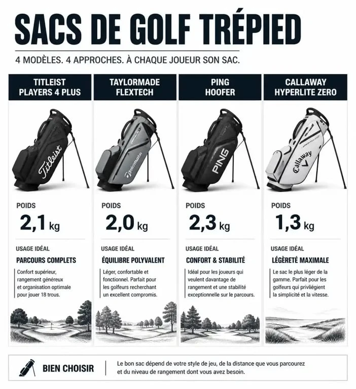 Comparatif des meilleurs sacs de golf trépied : poids et caractéristiques des modèles Titleist, TaylorMade, Ping et Callaway.