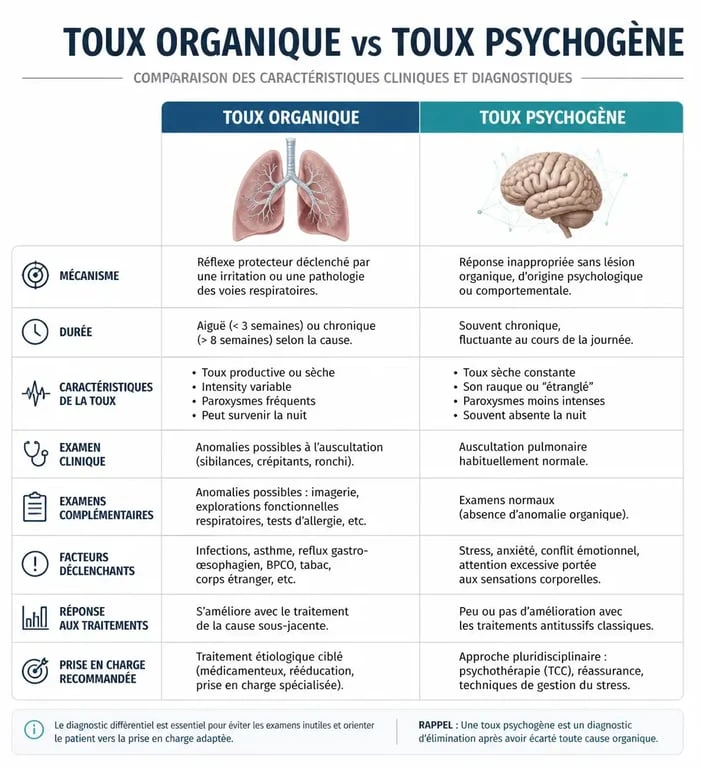 Infographie comparative entre la toux organique et la toux psychogène pour comprendre les différences de symptômes.