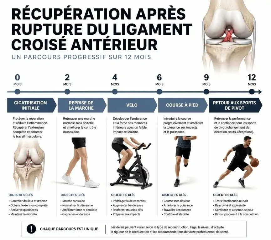 Infographie des étapes de récupération après une rupture des ligaments croisés du genou et délais de reprise du sport.