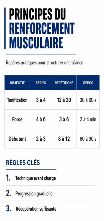 Tableau récapitulatif des principes d'une séance de renforcement musculaire efficace