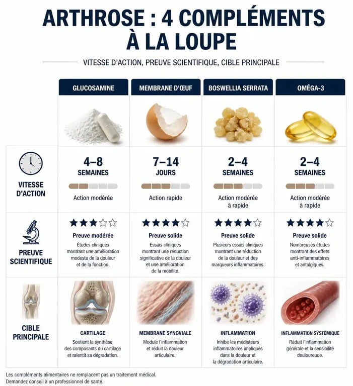 Infographie comparative des meilleurs compléments alimentaires contre l'arthrose : efficacité et action
