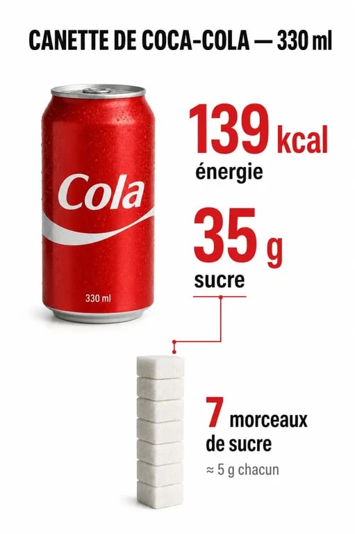 Infographie nutritionnelle montrant les calories et la quantité de sucre dans une canette de Coca-Cola
