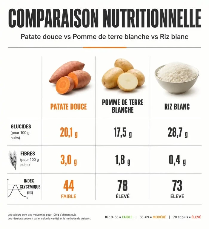 Infographie comparative des apports nutritionnels de la patate douce pour la musculation