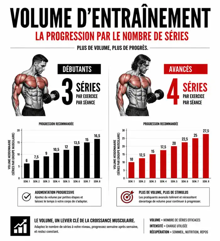Infographie comparative sur le nombre de séries en musculation : 3 ou 4 séries selon le niveau