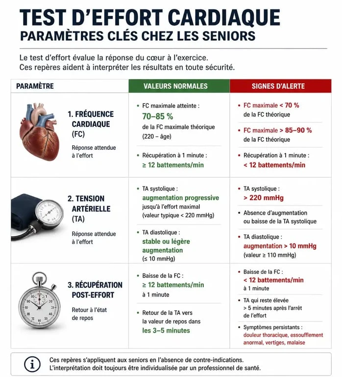 Tableau comparatif des valeurs normales et signes d'alerte lors d'un test d'effort à 60 ans