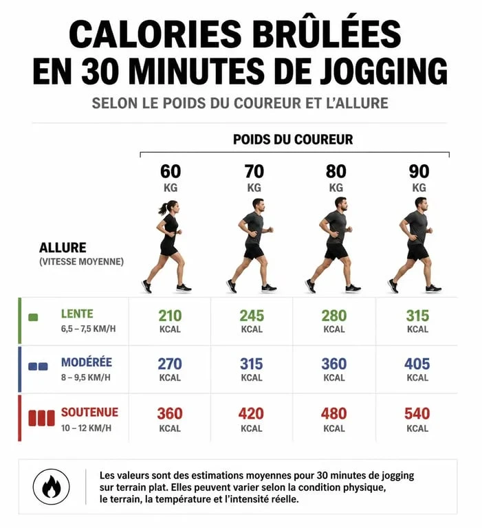 Tableau comparatif des calories brûlées lors d'un jogging de 30 minutes selon le poids et la vitesse