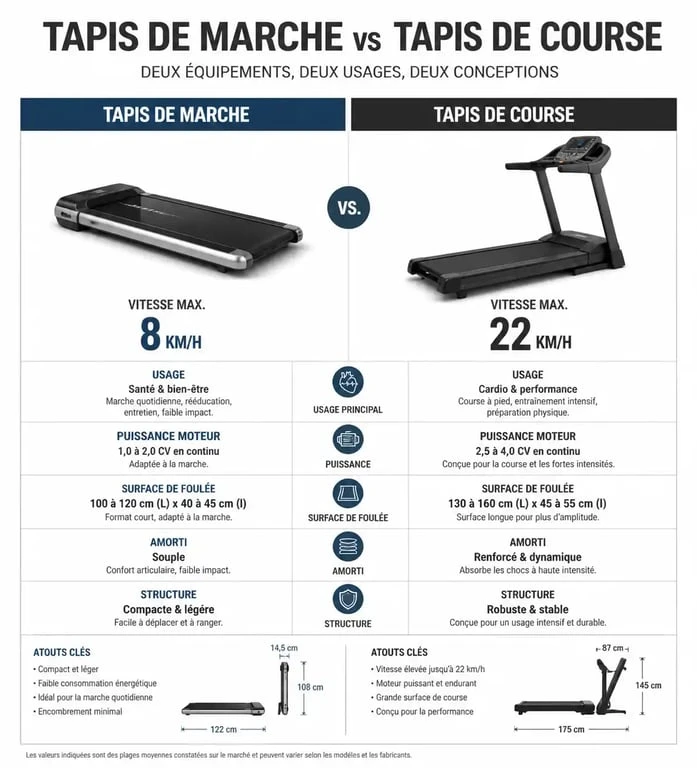 Infographie comparative : choisir entre un tapis de marche ou un tapis de course pour son domicile.