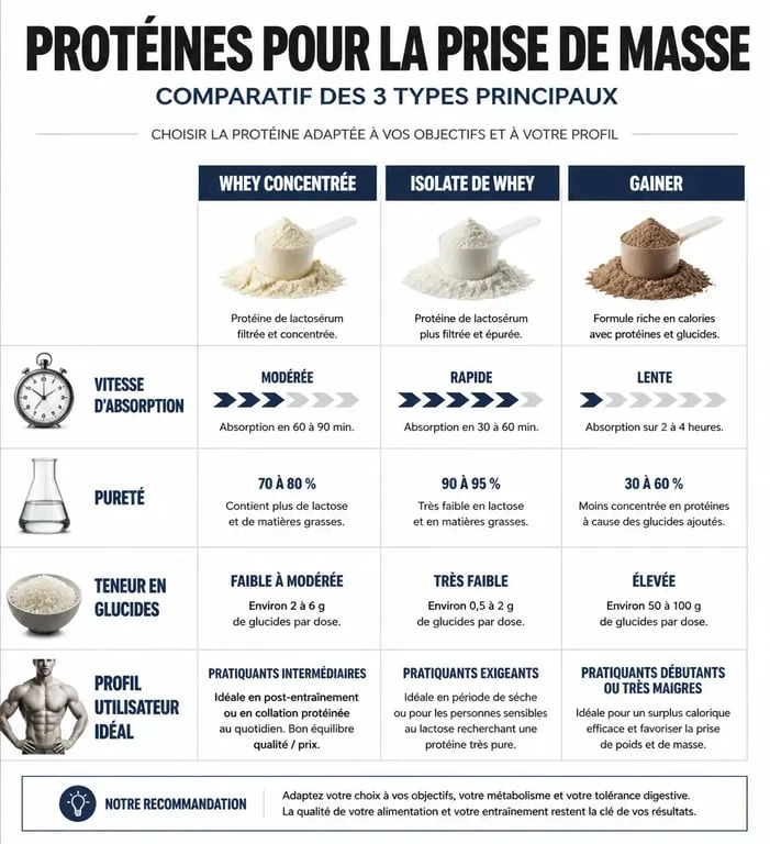 Comparatif des meilleures protéines pour la prise de masse musculaire : Whey, Isolate et Gainer