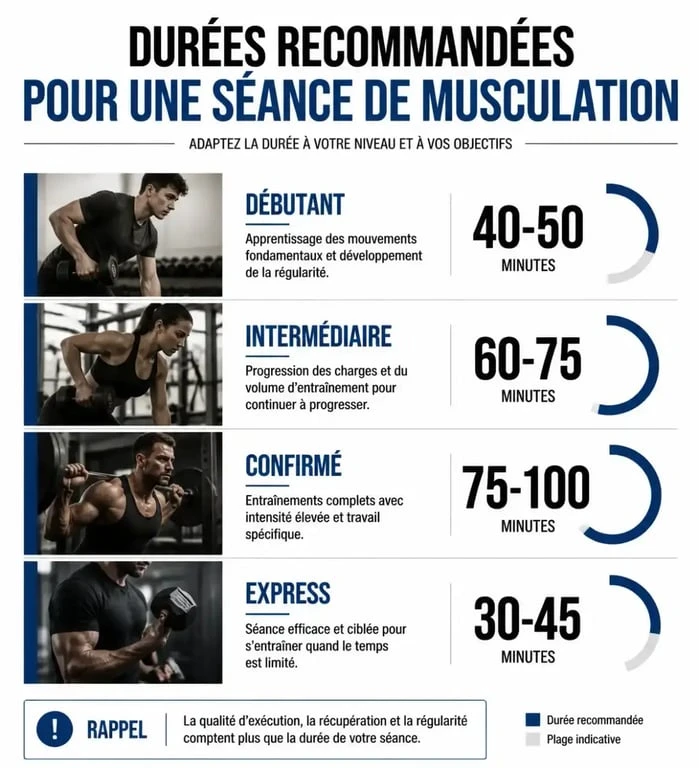 Infographie sur la durée optimale d'une séance de musculation selon le niveau et l'objectif